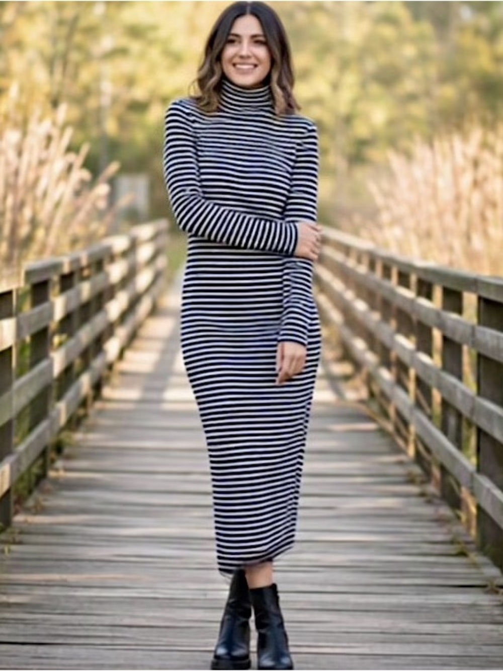 🌷 100% Cotton Striped Black & White Turtleneck Midi Dress 🌷 Long Sleeve